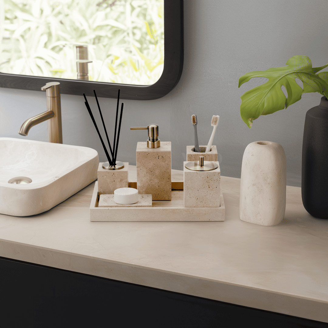 Golden Travertine Stone Bath Set